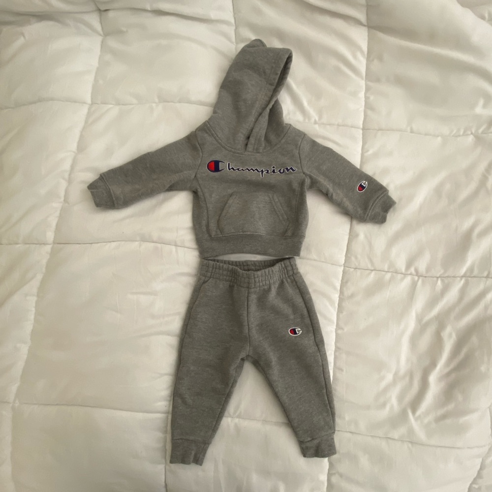 Grey Baby Champion hoodie and sweatpants set